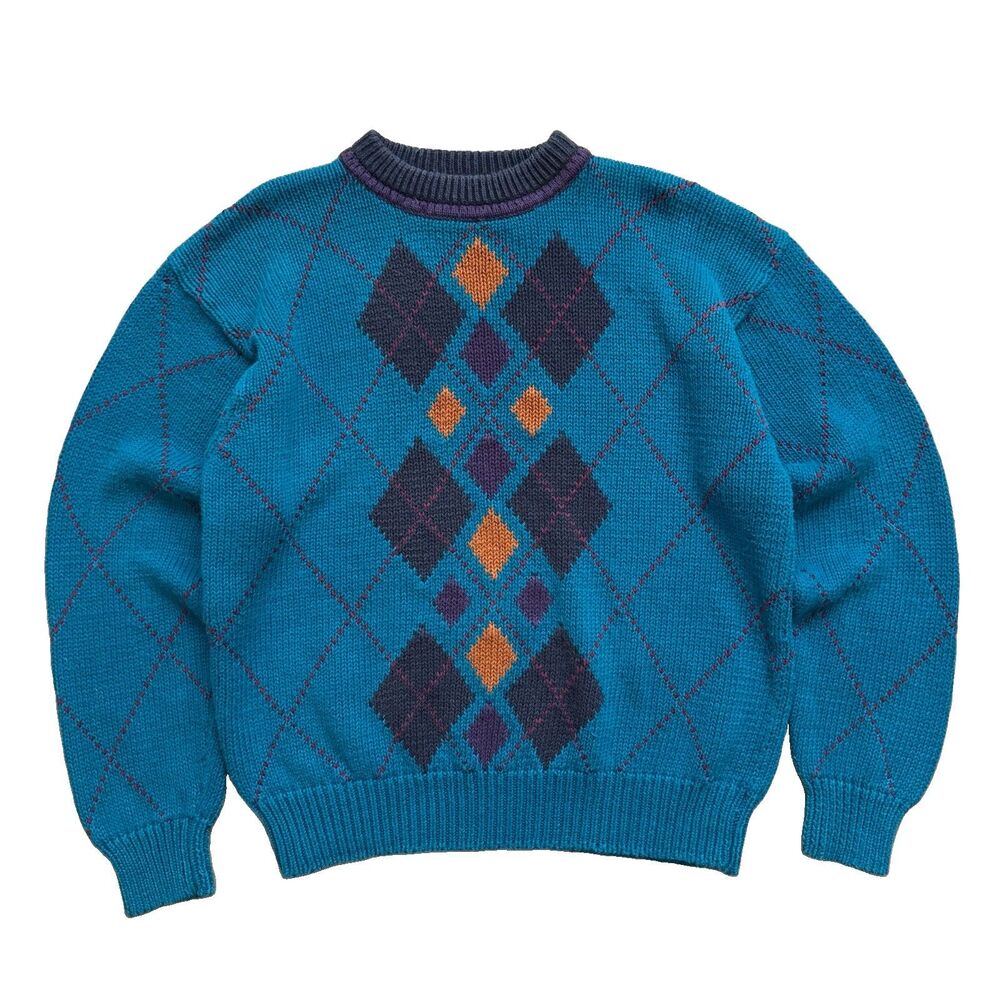 Vintage 80s Sears Argyle Heavy Knit Crewneck Sweater Sz XL Teal Purple Orange
